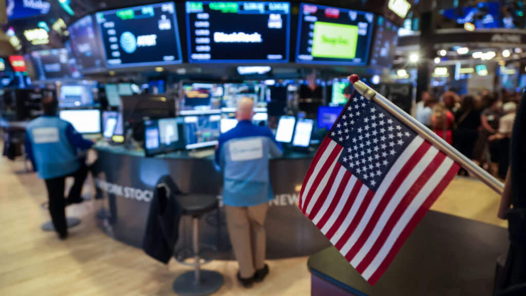 Wall street nyse trader american flag getty